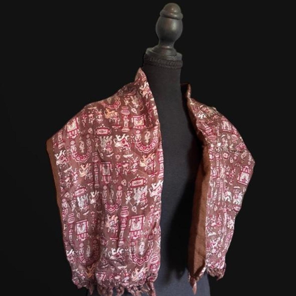Brown Silk Wool Elephant Print Scarf Made in India Double Sided Fringed Shawl